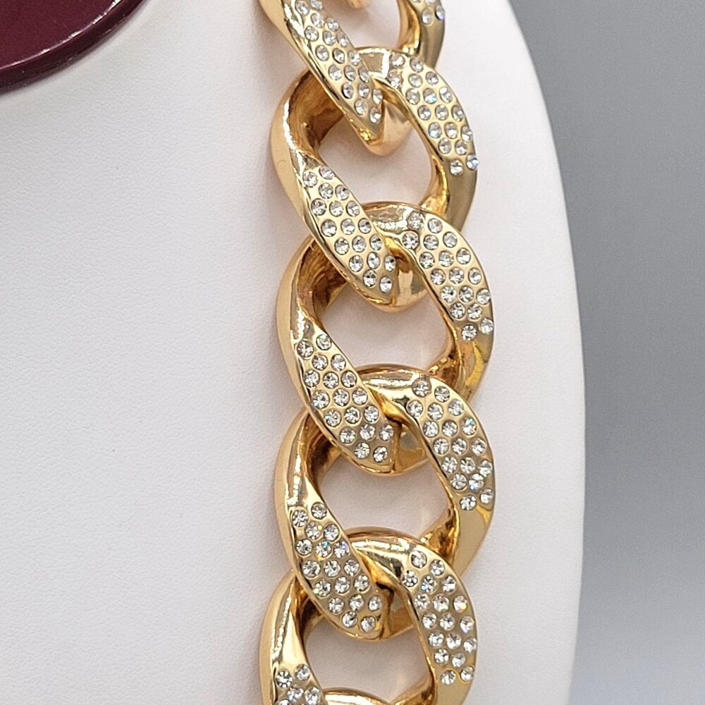 Gold Tone Linking Chain Rhinestone Studded Bib Necklace Collar Length Chunky - Picture 7 of 8